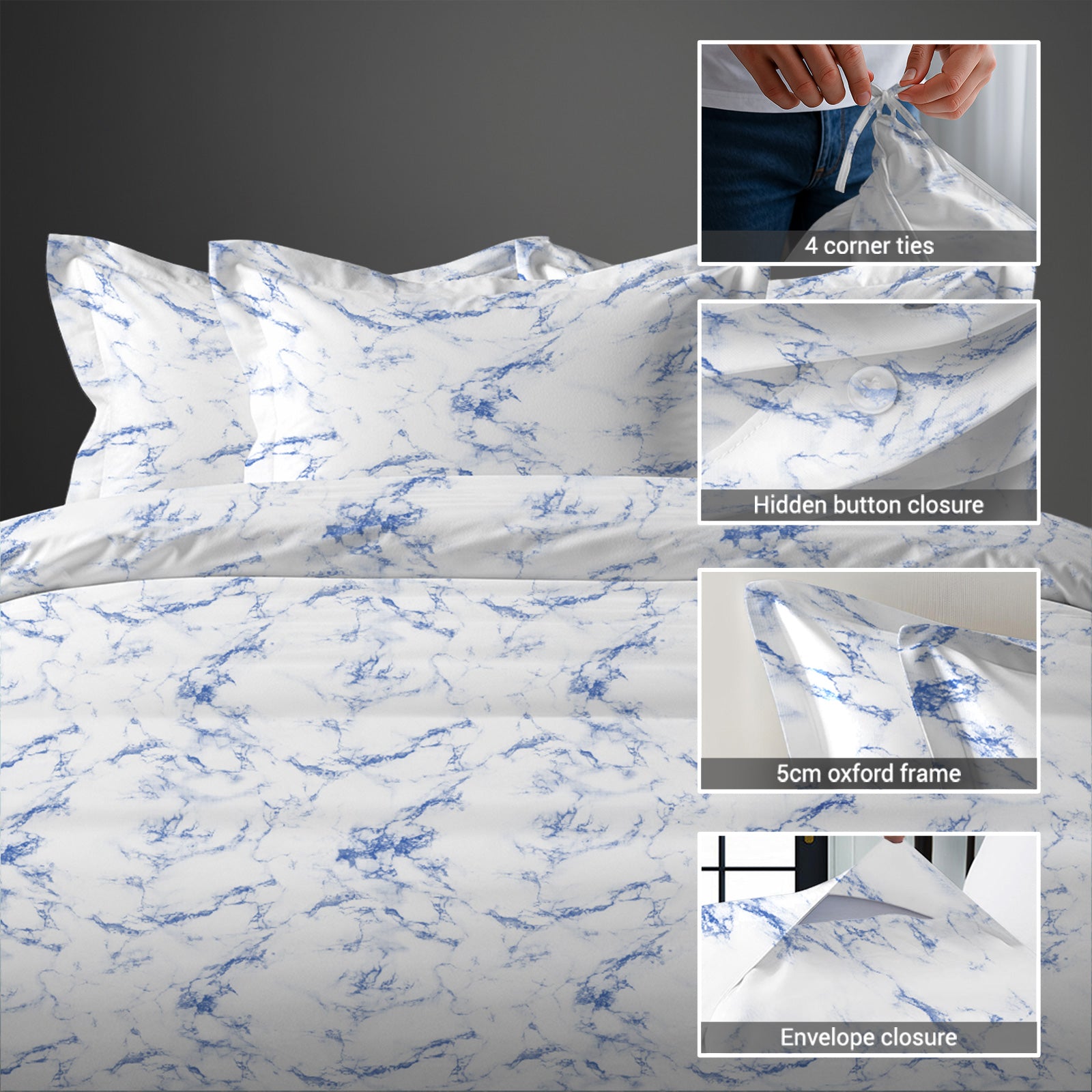 Pizuna Linens single size cotton duvet cover with hidden button closure corner ties and Oxford pillowcases